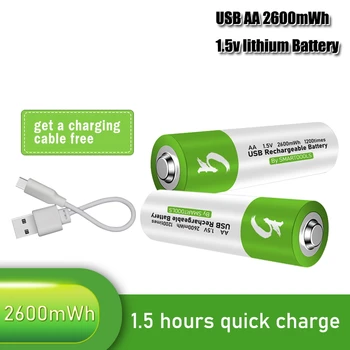 1,5 U USB AA litij-ionska baterija 2600 МВтч 100% kapacitet litij-polimer USB ionska punjiva preko usb-a baterija USB kabel