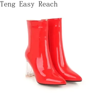 2021 Zimske ženske čizme Martin na visoku petu cipele od lakirane Umjetne Kože Srebrno-crvene Boje sa oštrim Vrhom, ženske Čizme Martin 43