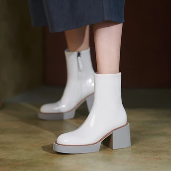 2022 bijela Zimska Ženska obuća Ženske cipele od prave kože, Ženske Cipele Na platformu Masivne Čizme Ženske Monotono Ženska Cipele čizme na visoku petu