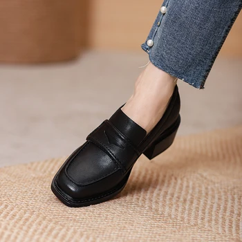 2022 godine Proljeće ženske cipele od prave kože bez-uvezivanje, Svakodnevne лоферы, jednostavna Cipele s trga vrhom, ženske Cipele Na debelim petama, Zapatos De Mujer