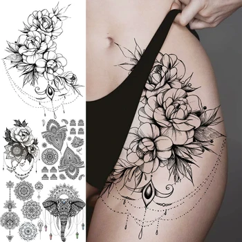 Crni cvijet božur privjesak Privremene Tetovaže Za Žene Odrasle Mandala Bedra Slon Lažne Tetovaže Seksi periva tetovaže naljepnica