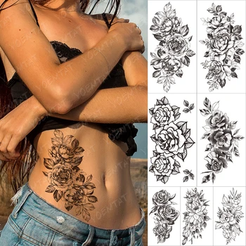 Crni Cvijet Procvat Vodootporan Privremeni tattoo Naljepnice Lily Rose Jasmin Krizantema tetovaža Muški Ženski Body Art Lažne tetovaže
