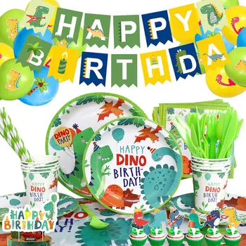 Dinosaur Rođendan Dinosaur Posuđe za Dječake, Uključujući i Banner na Dan Rođenja Tanjuri, Šalice Maramice Stolnjak Dinosaur Večernje Dekor