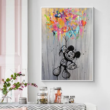 Disney Anime Plakat Ulični Grafiti Art Slikarstvo Pop-Art Print Na Platnu Zid Umjetnost Mickey Mouse s Cvijećem Balon Slika Dječja Soba