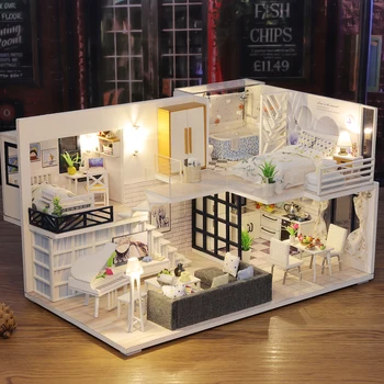 DIY Casa Drvena Kućica za lutke Minijaturni Građevinski Komplet Namješten, Moderan, Potkrovlje Kuća Lutaka U zbirci Igračke za Prijatelja Rođendan Pokloni