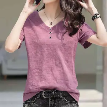 Jednostavna Elegantna Svakodnevni Slobodna ženska t-shirt midi, ljetna Odjeća kratkih rukava, Majica, Modni puloveri, Majice s V-izrez u korejskom stilu