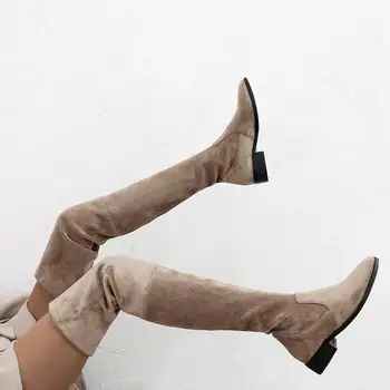 LAIGZEM/ Elastične ženske čizme do kukova na visoku petu 3 cm/5,5 cm, čizme iznad koljena na masivnim petu, ženske cipele, ženske cipele, Veličina 41, 42, 43