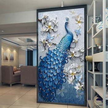 Običaj Zidne Tapete Europski Stil 3D Reljef Cvijeće Plavi Paun Zidno Slikarstvo Hotel Dnevni boravak Kabinet Ulaz Dekor Freske