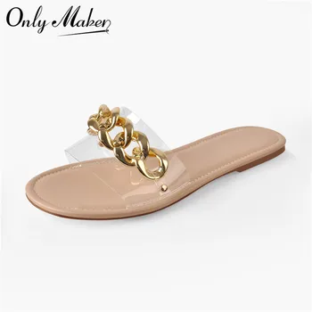 Onlymaker/ ženske prozirne baby ružičaste Sandale na ravne cipele s metalnim lancem, ljetne Sandale bez spajala na stanu petu s otvorenim vrhom