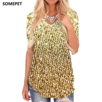 SOMEPET/ Zlatni t-shirt, ženska t-Shirt s Geometrijskim V-izrez, Sjajne Majice sa po cijeloj površini u stilu Харадзюку, ženska Odjeća s po cijeloj površini u stilu punk-rock