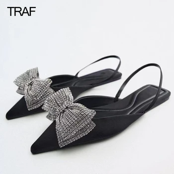 TRAF/Ženska obuća ravnim cipelama s lukom, Luksuzna Branded Ženske Cipele, cipele na ravne cipele sa štrasom i leptirićima, uredski cipele na nisku petu, Ljeto 2022