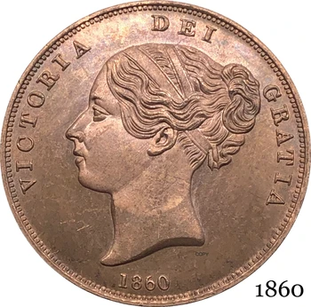 Velika Britanija 1860 Victoria 1 Jedan Peni Kraljica Velike Britanije Crveni Bakar Fotokopirni Kovanice Velika Britanija Brončani Portret Replika Kovanice Gladak Rub