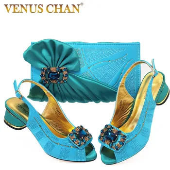 Venera Chan Vjenčanje college Ženske ljetne Sandale na nisku petu cipele sa štrasom 2022 od Posljednjih večernje ženske cipele Nebo-Plave boje i kompletu s torbicom